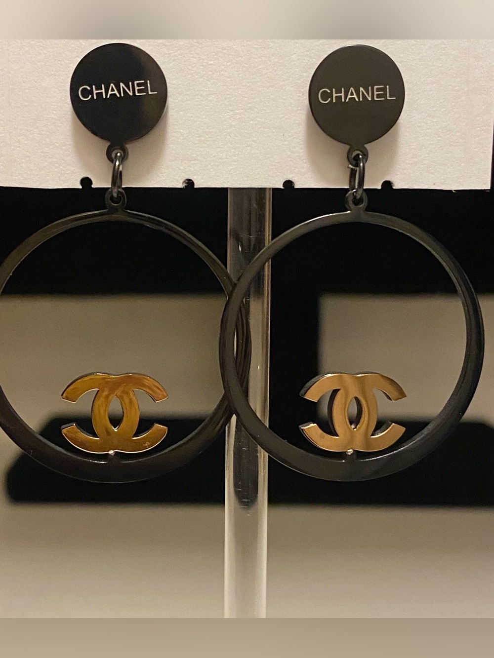 Fashion Jewelry Black and 14K Gold Plated Double C Hoop Drop Earrings